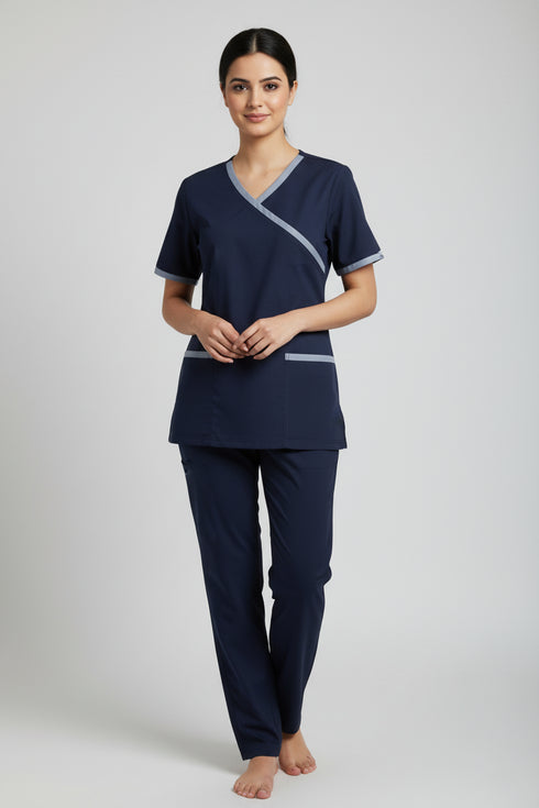 Women's 2-Pocket Mock Wrap Scrub with Contrast-Cotton-Polyester Blend